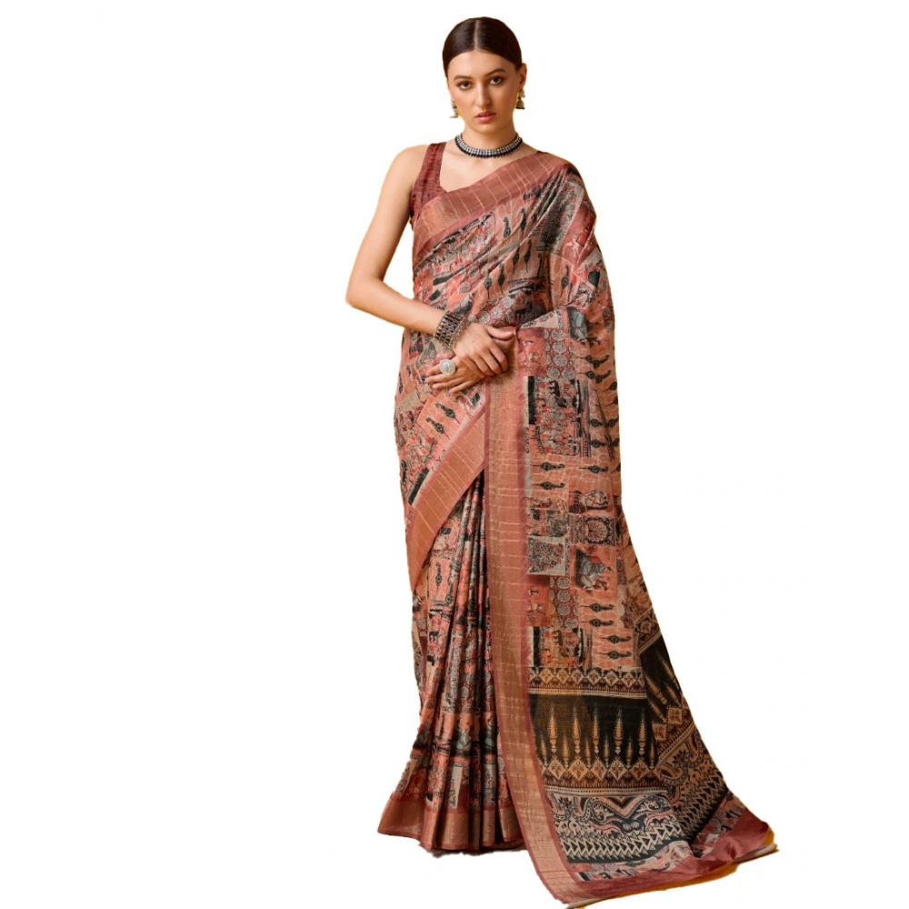 Generic Women's Cotton Printed Saree With Unstitched Blouse 5.5Mtr (Brown)