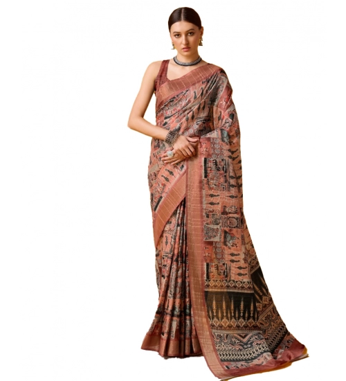 Generic Women's Cotton Printed Saree With Unstitched Blouse 5.5Mtr (Brown)