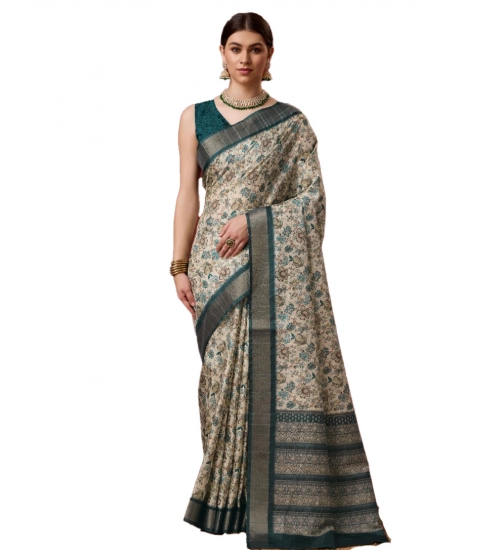 Generic Women's Cotton Printed Saree With Unstitched Blouse 5.5Mtr (Green)
