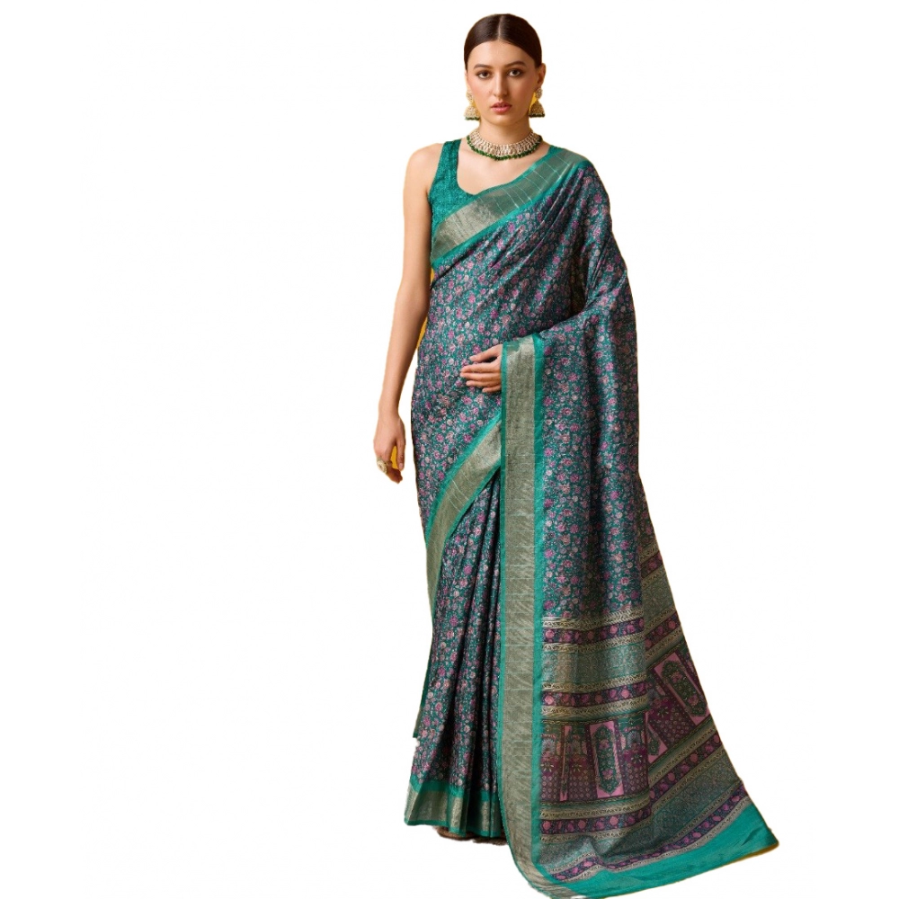 Generic Women's Cotton Printed Saree With Unstitched Blouse 5.5Mtr (Green)