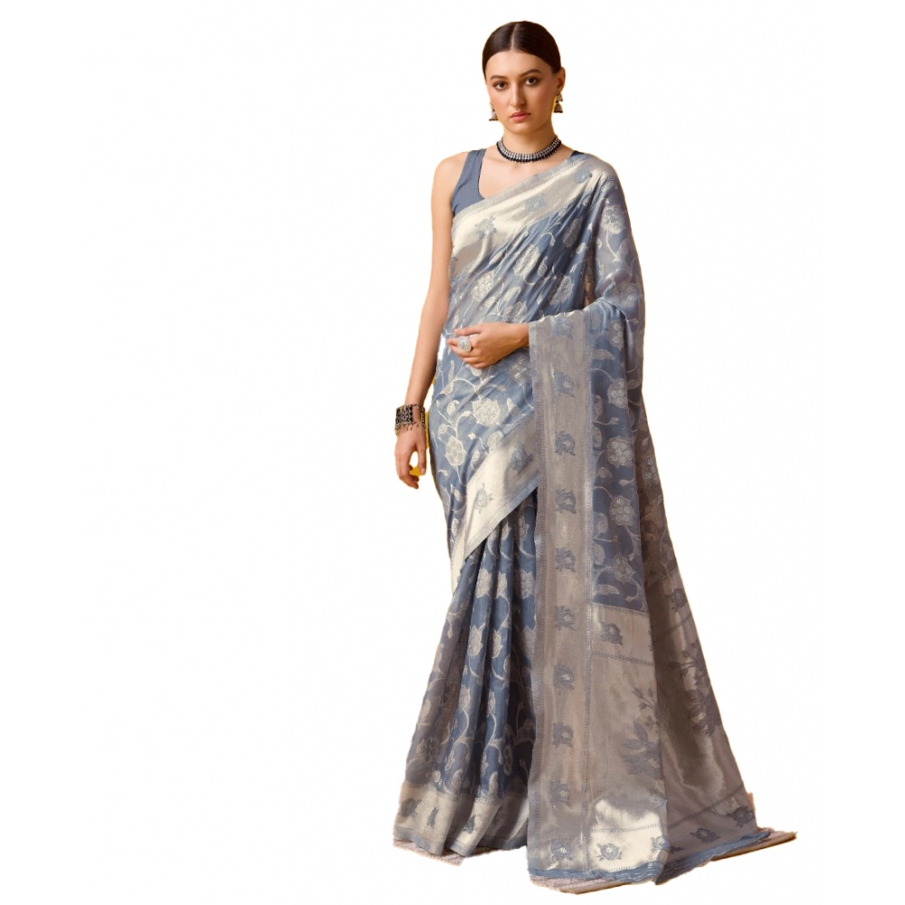 Generic Women's Cotton Printed Saree With Unstitched Blouse 5.5Mtr (Grey)