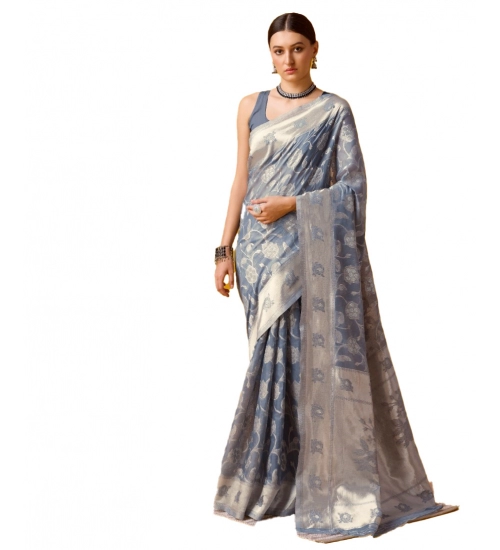 Generic Women's Cotton Printed Saree With Unstitched Blouse 5.5Mtr (Grey)
