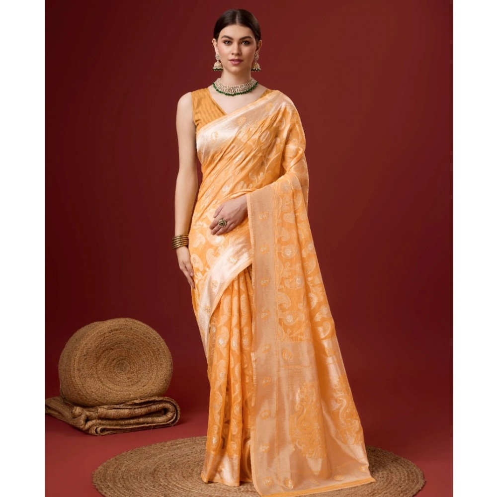 Generic Women's Cotton Woven Design Saree With Unstitched Blouse 5.5Mtr (Orange)