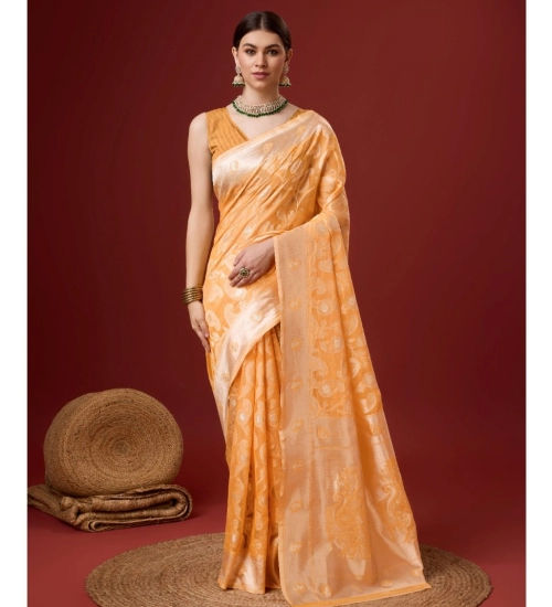 Generic Women's Cotton Woven Design Saree With Unstitched Blouse 5.5Mtr (Orange)