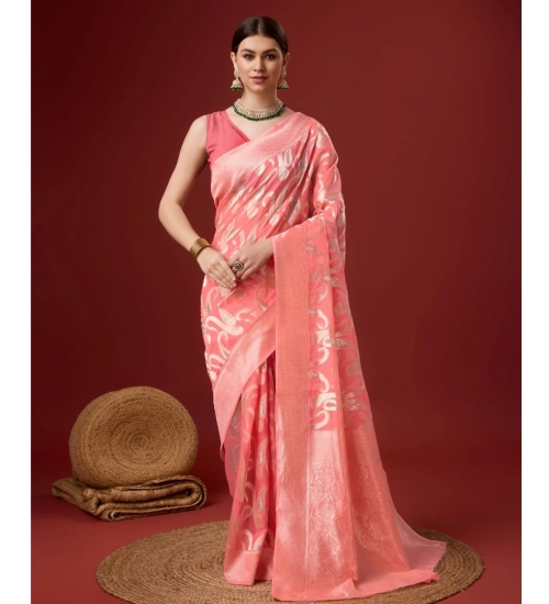 Generic Women's Cotton Printed Saree With Unstitched Blouse 5.5Mtr (Pink)