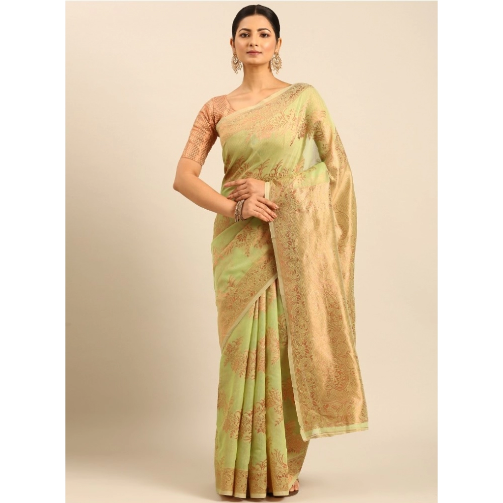 Generic Women's Cotton Woven Design Saree With Unstitched Blouse 5.5Mtr (Light-Green)