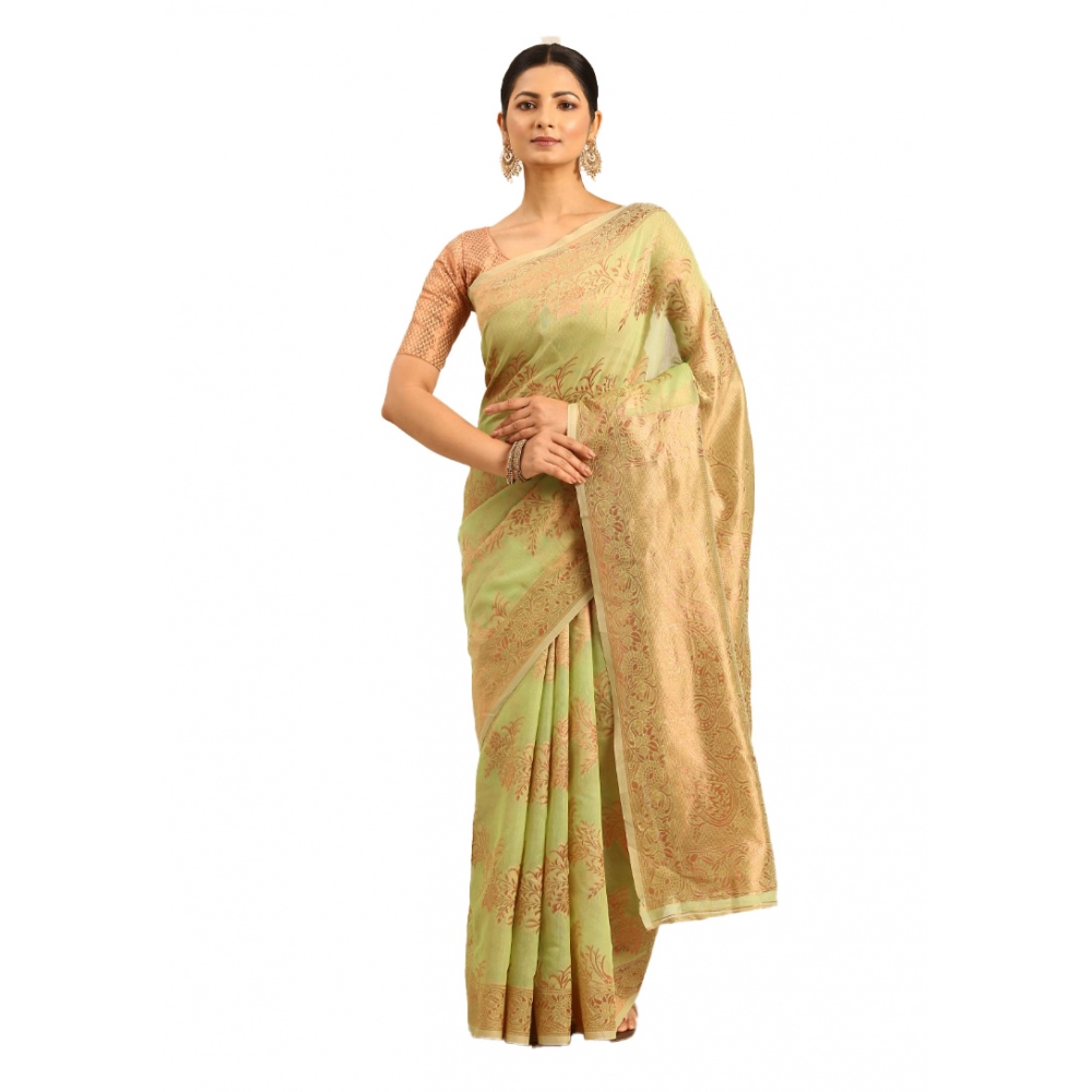 Generic Women's Cotton Woven Design Saree With Unstitched Blouse 5.5Mtr (Light-Green)