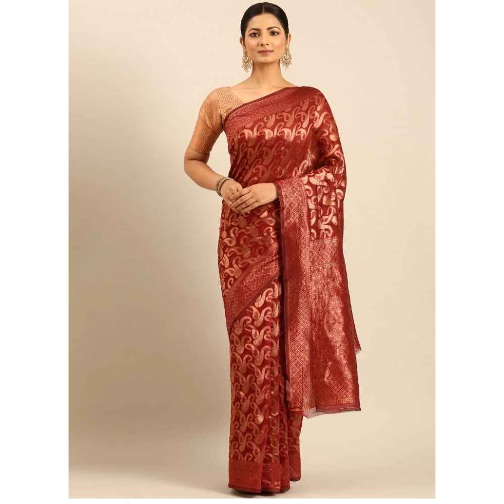 Generic Women's Cotton Woven Design Saree With Unstitched Blouse 5.5Mtr (Maroon)