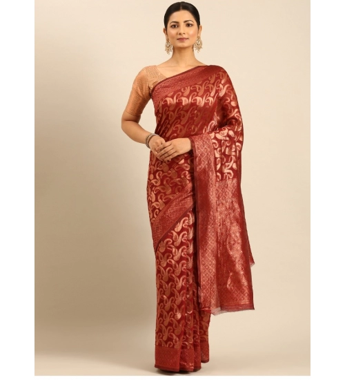 Generic Women's Cotton Woven Design Saree With Unstitched Blouse 5.5Mtr (Maroon)