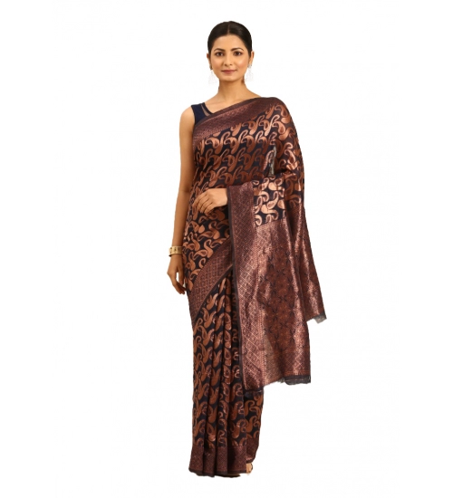 Generic Women's Cotton Woven Design Saree With Unstitched Blouse 5.5Mtr (Navy-Blue)