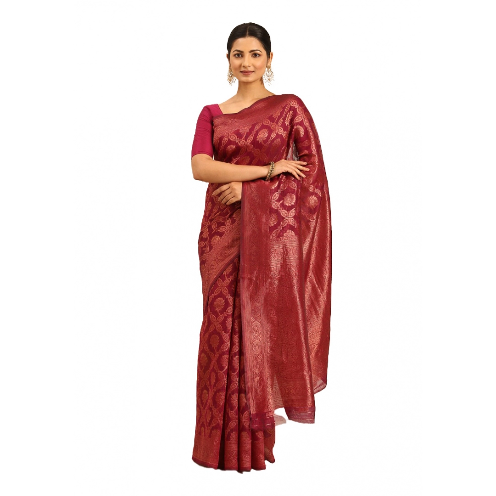 Generic Women's Cotton Woven Design Saree With Unstitched Blouse 5.5Mtr (Magenta)
