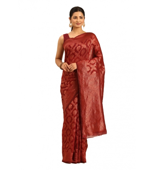 Generic Women's Cotton Woven Design Saree With Unstitched Blouse 5.5Mtr (Maroon)