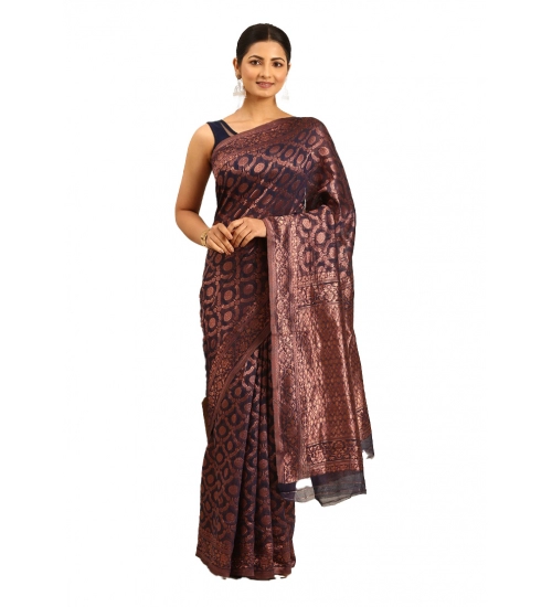 Generic Women's Cotton Woven Design Saree With Unstitched Blouse 5.5Mtr (Navy-Blue)