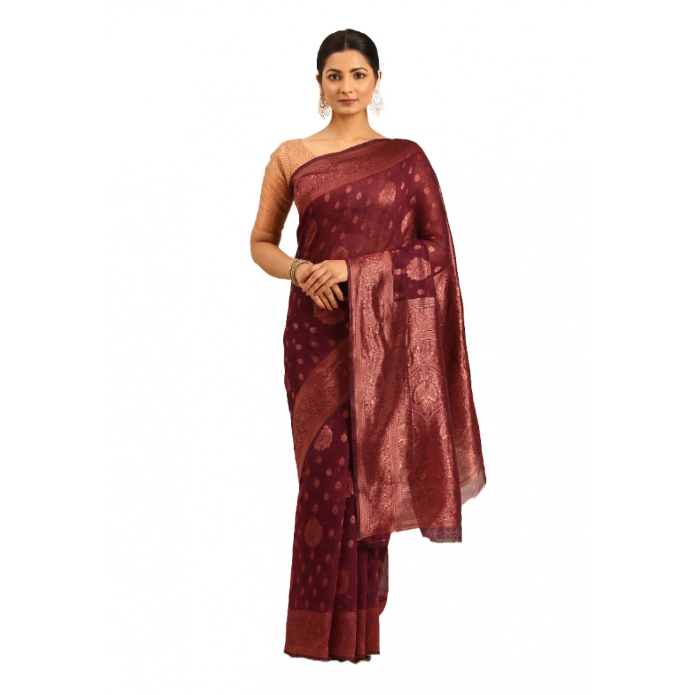 Generic Women's Cotton Woven Design Saree With Unstitched Blouse 5.5Mtr (Maroon)