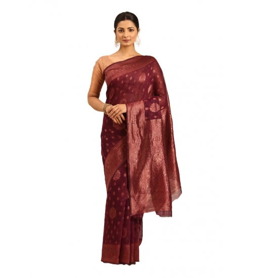 Generic Women's Cotton Woven Design Saree With Unstitched Blouse 5.5Mtr (Maroon)