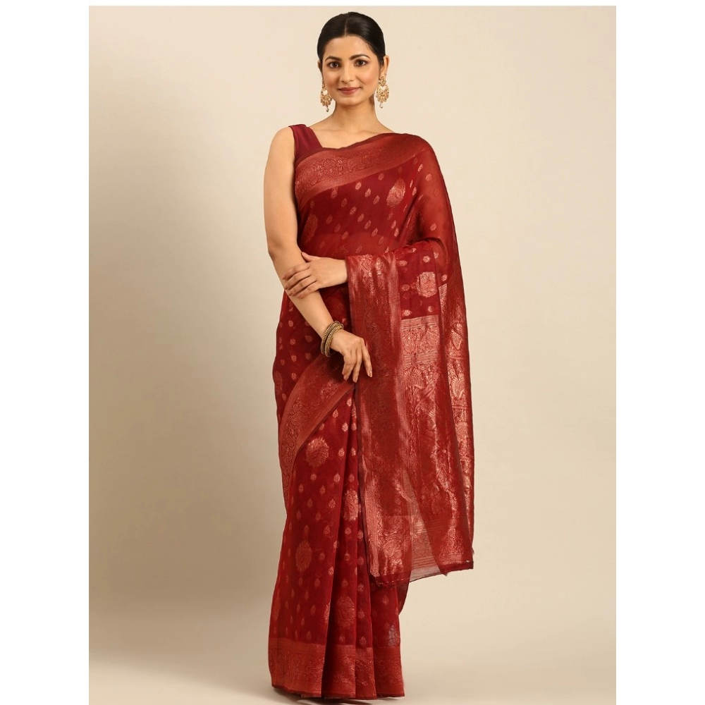 Generic Women's Cotton Woven Design Saree With Unstitched Blouse 5.5Mtr (Red)