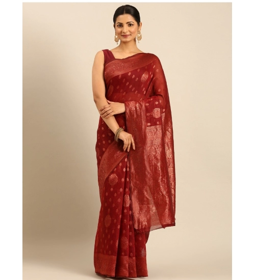 Generic Women's Cotton Woven Design Saree With Unstitched Blouse 5.5Mtr (Red)