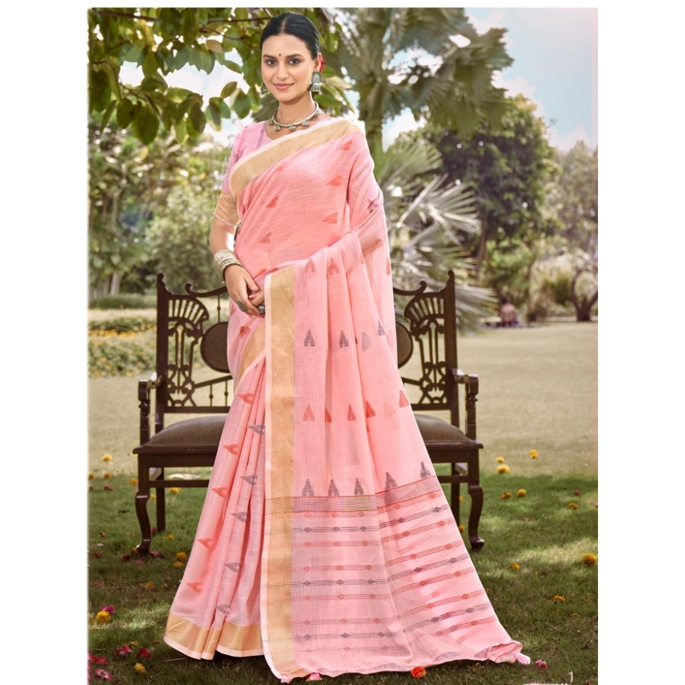 Generic Women's Cotton Printed Saree With Unstitched Blouse 5.5Mtr (Pink)