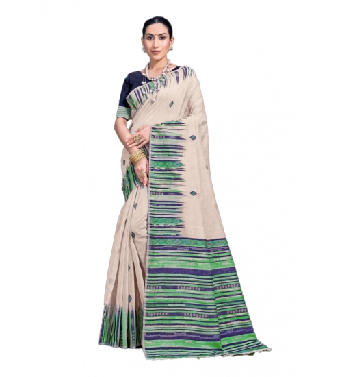 Generic Women's Cotton Printed Saree With Unstitched Blouse 5.5Mtr (Cream-Green)