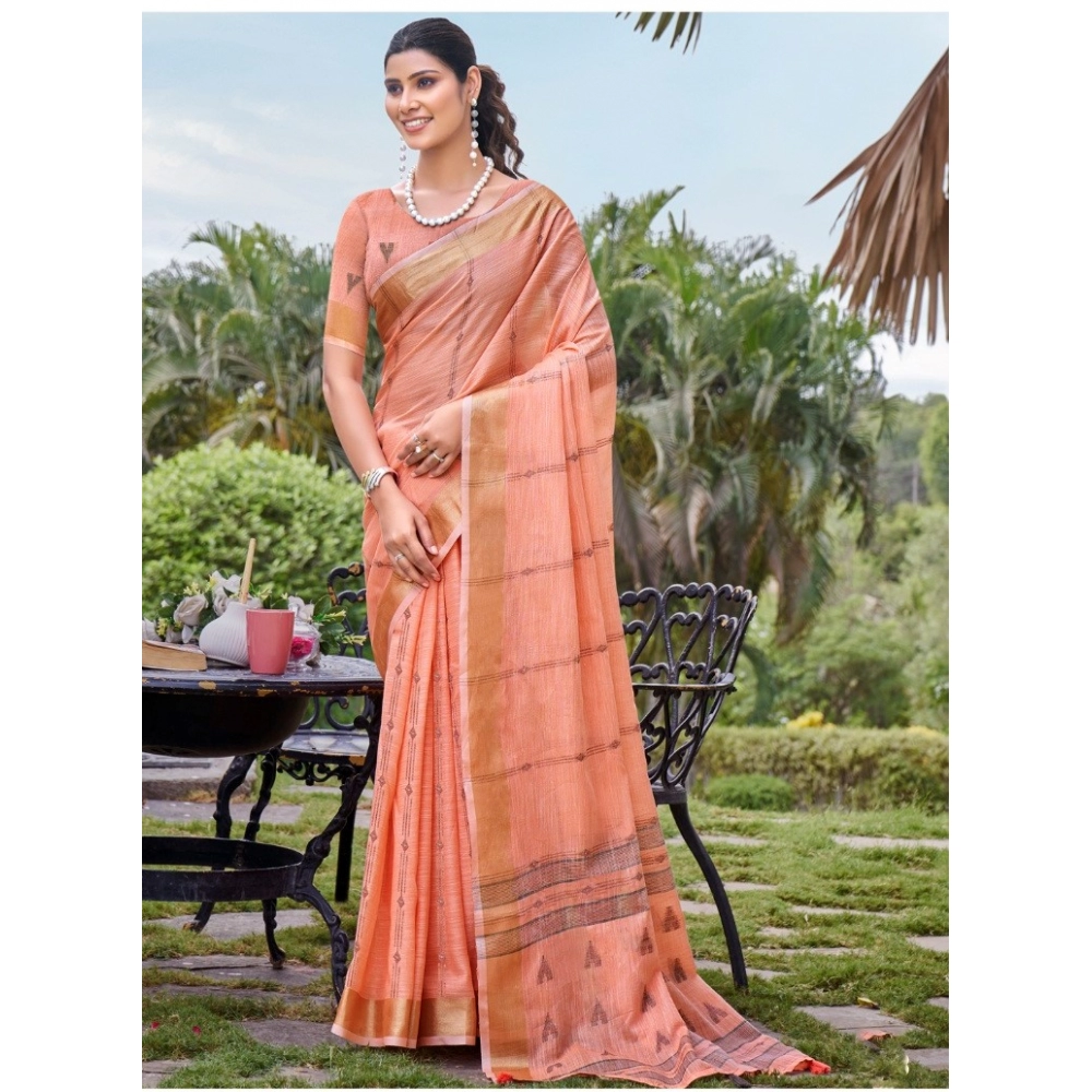 Generic Women's Cotton Printed Saree With Unstitched Blouse 5.5Mtr (Peach)