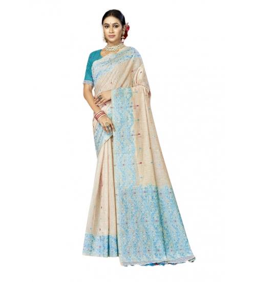 Generic Women's Cotton Woven Design Saree With Unstitched Blouse 5.5Mtr (SkyBlue)
