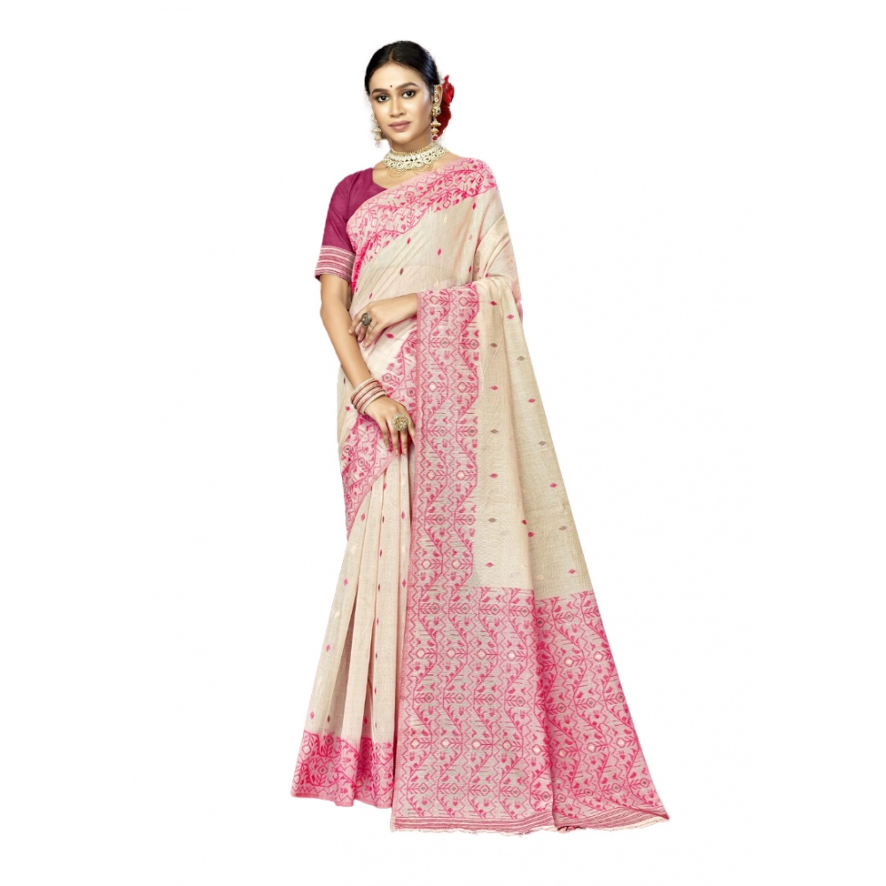Generic Women's Cotton Woven Design Saree With Unstitched Blouse 5.5Mtr (Pink)