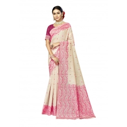 Generic Women's Cotton Woven Design Saree With Unstitched Blouse 5.5Mtr (Pink)
