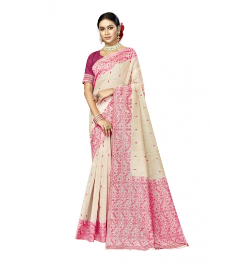 Generic Women's Cotton Woven Design Saree With Unstitched Blouse 5.5Mtr (Pink)