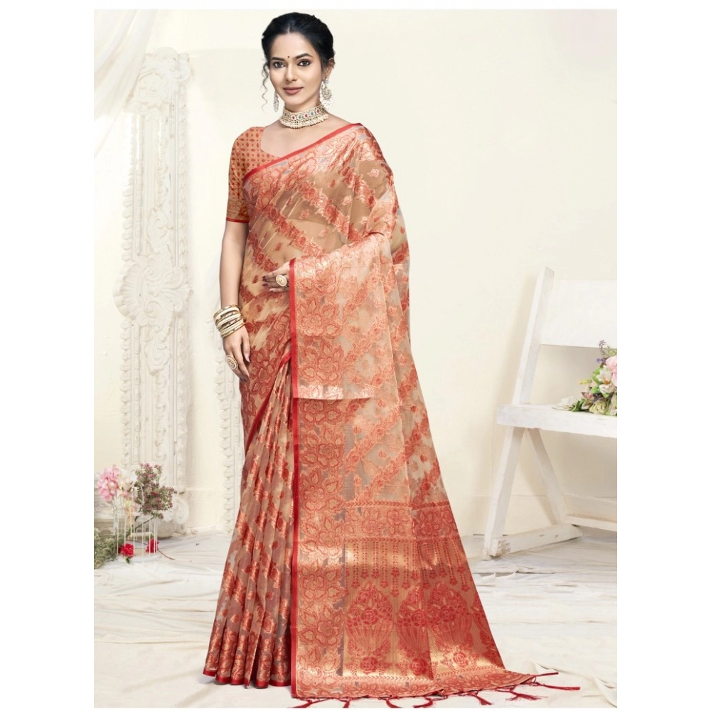Generic Women's Organza Woven Design Saree With Unstitched Blouse 5.5Mtr (Orange)