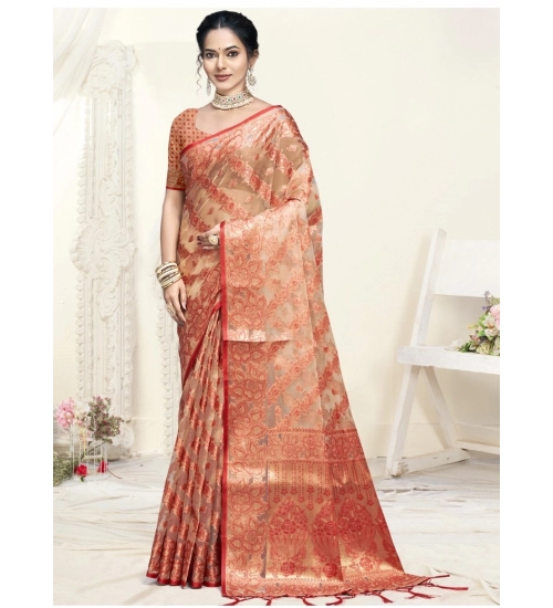 Generic Women's Organza Woven Design Saree With Unstitched Blouse 5.5Mtr (Orange)