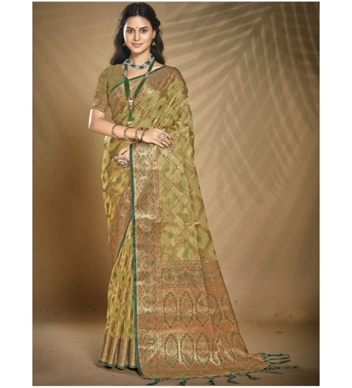 Generic Women's Organza Woven Design Saree With Unstitched Blouse 5.5Mtr (Green)