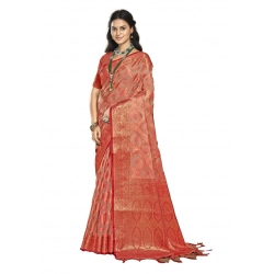 Generic Women's Organza Woven Design Saree With Unstitched Blouse 5.5Mtr (Peach)