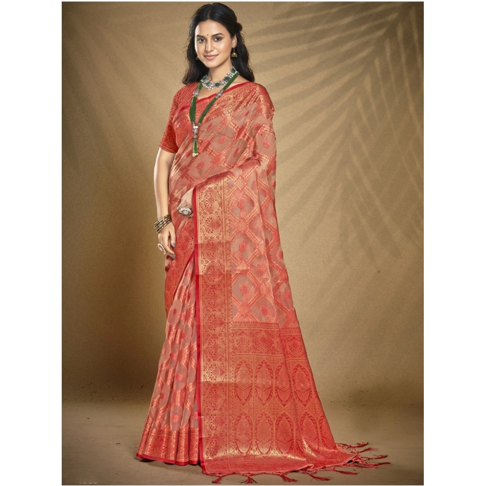 Generic Women's Organza Woven Design Saree With Unstitched Blouse 5.5Mtr (Peach)