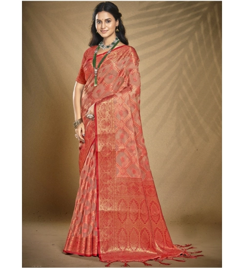 Generic Women's Organza Woven Design Saree With Unstitched Blouse 5.5Mtr (Peach)