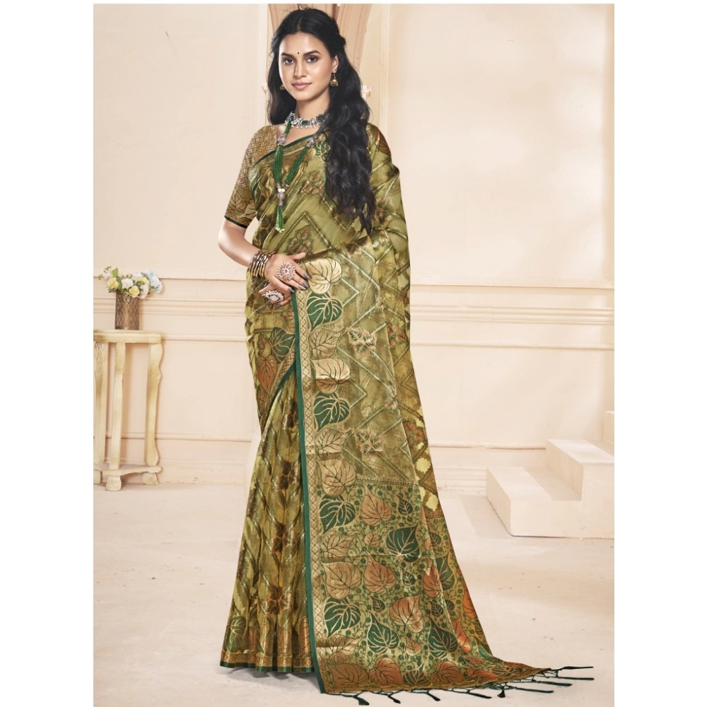 Generic Women's Organza Woven Design Saree With Unstitched Blouse 5.5Mtr (Green)