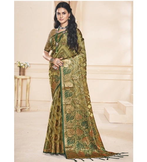 Generic Women's Organza Woven Design Saree With Unstitched Blouse 5.5Mtr (Green)