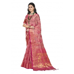 Generic Women's Organza Woven Design Saree With Unstitched Blouse 5.5Mtr (Pink)