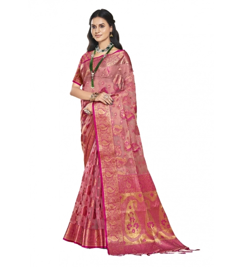 Generic Women's Organza Woven Design Saree With Unstitched Blouse 5.5Mtr (Pink)