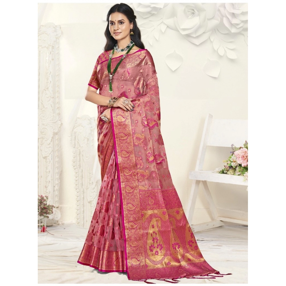 Generic Women's Organza Woven Design Saree With Unstitched Blouse 5.5Mtr (Pink)