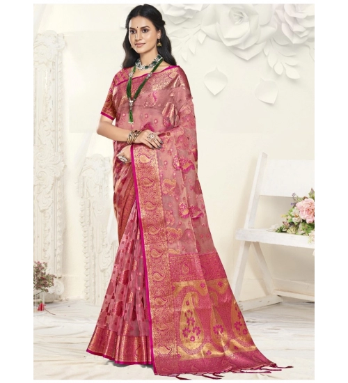 Generic Women's Organza Woven Design Saree With Unstitched Blouse 5.5Mtr (Pink)
