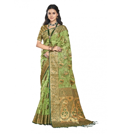 Generic Women's Organza Woven Design Saree With Unstitched Blouse 5.5Mtr (Green)