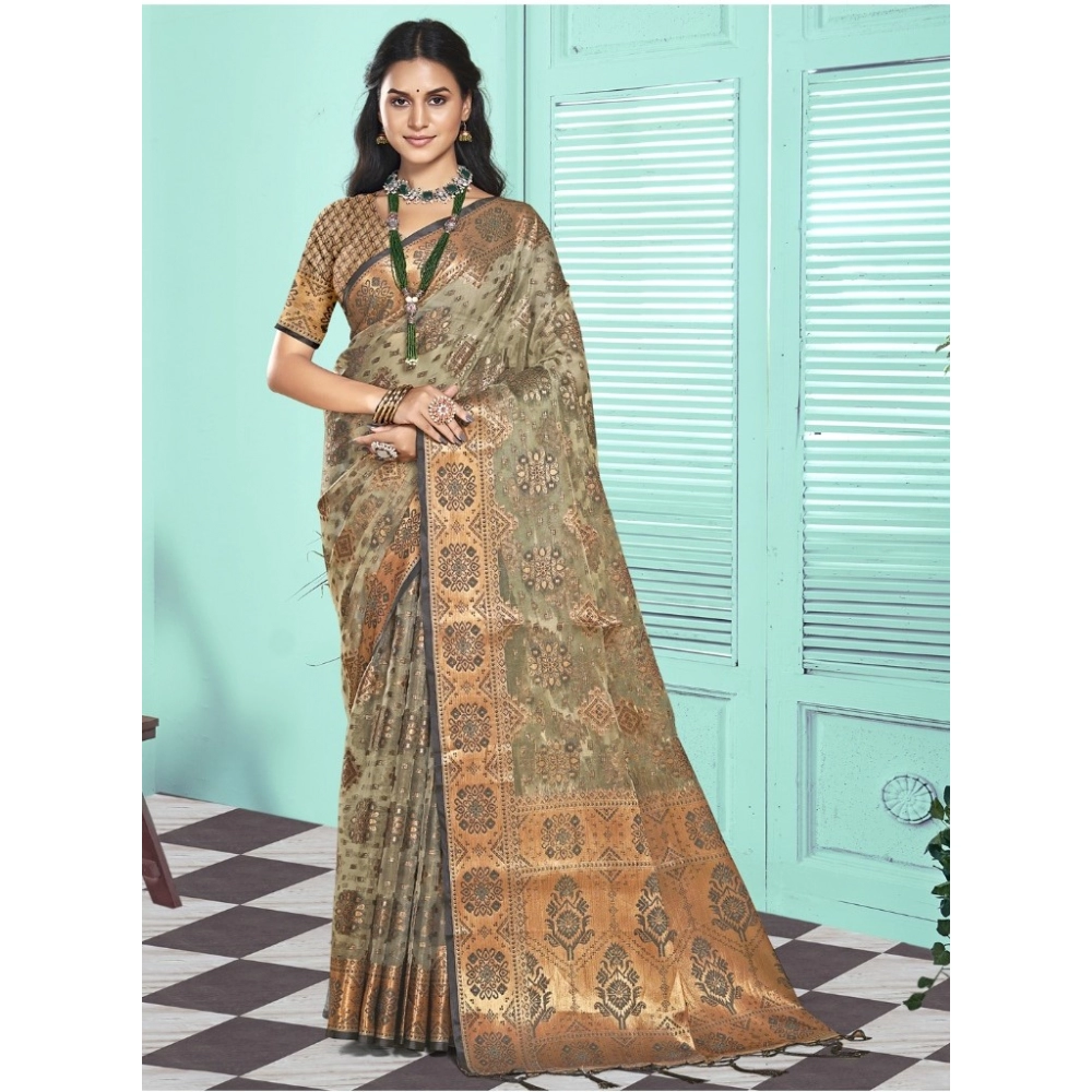 Generic Women's Organza Woven Design Saree With Unstitched Blouse 5.5Mtr (Grey)