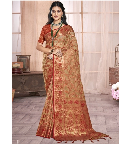 Generic Women's Organza Woven Design Saree With Unstitched Blouse 5.5Mtr (Beige)