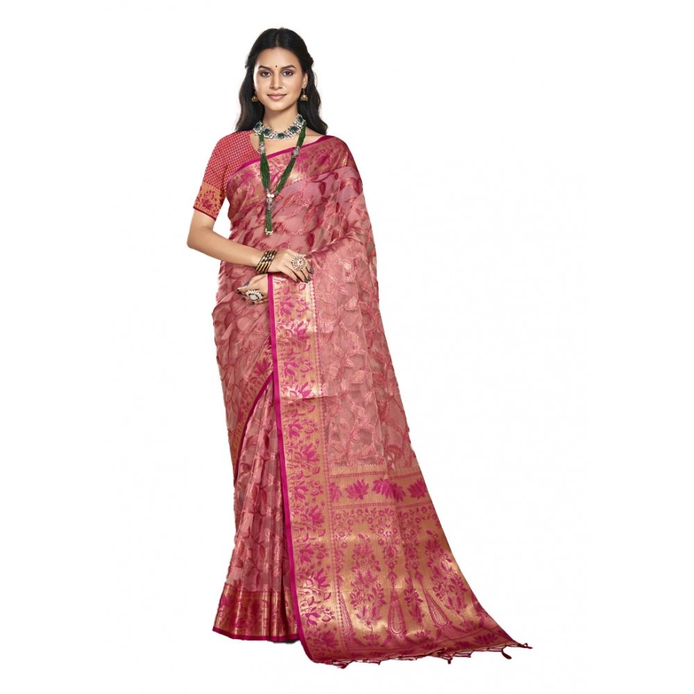 Generic Women's Organza Woven Design Saree With Unstitched Blouse 5.5Mtr (Pink)