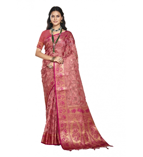 Generic Women's Organza Woven Design Saree With Unstitched Blouse 5.5Mtr (Pink)