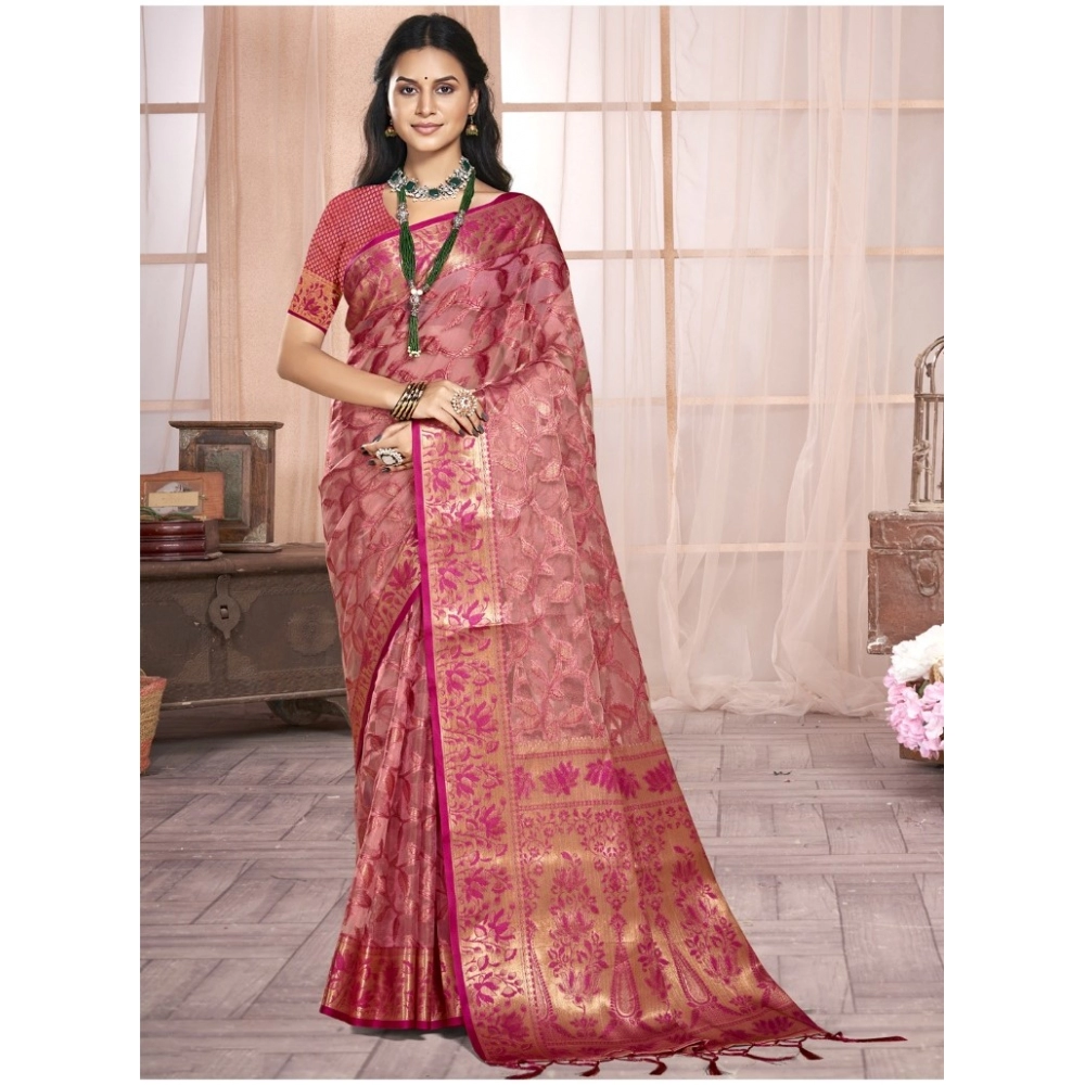 Generic Women's Organza Woven Design Saree With Unstitched Blouse 5.5Mtr (Pink)