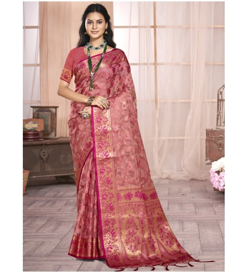Generic Women's Organza Woven Design Saree With Unstitched Blouse 5.5Mtr (Pink)