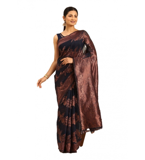 Generic Women's Cotton Woven Design Saree With Unstitched Blouse 5.5Mtr (Black)
