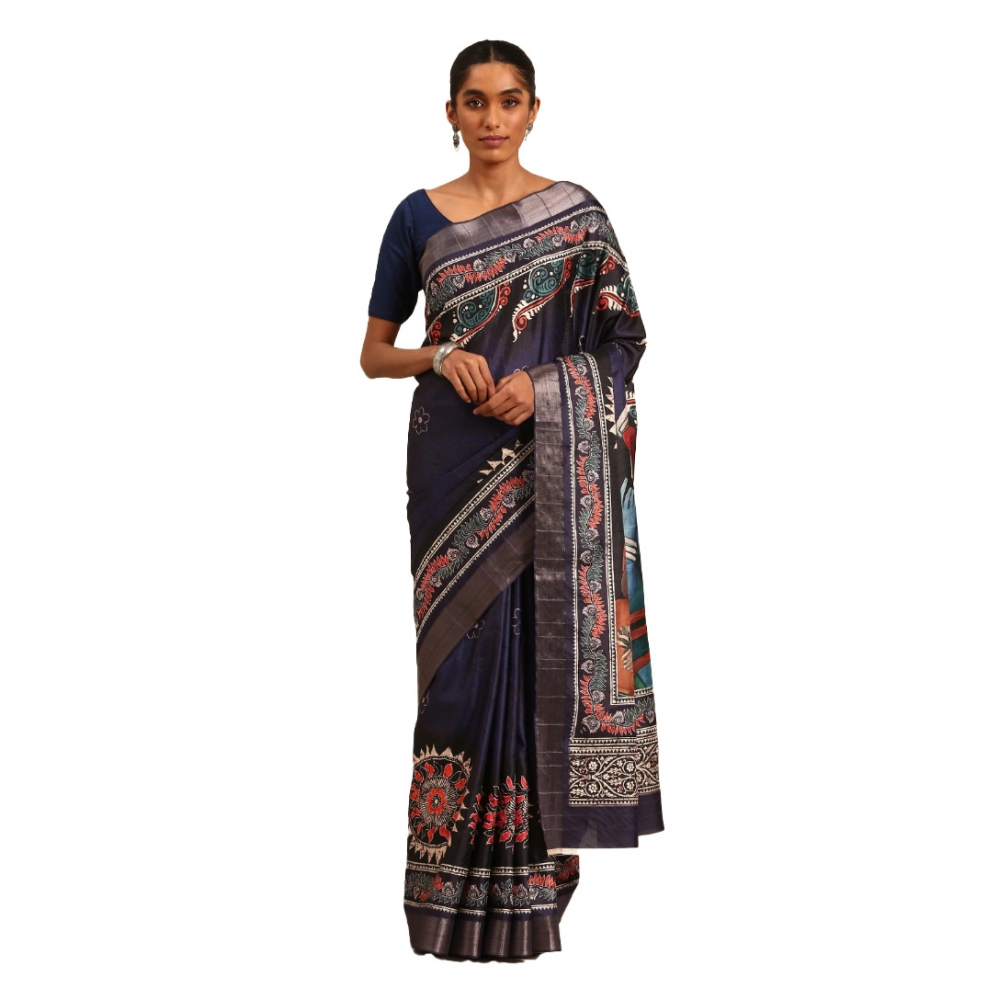 Generic Women's Cotton Printed Saree With Unstitched Blouse 5.5Mtr (Navy-Blue)