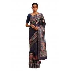 Generic Women's Cotton Printed Saree With Unstitched Blouse 5.5Mtr (Navy-Blue)